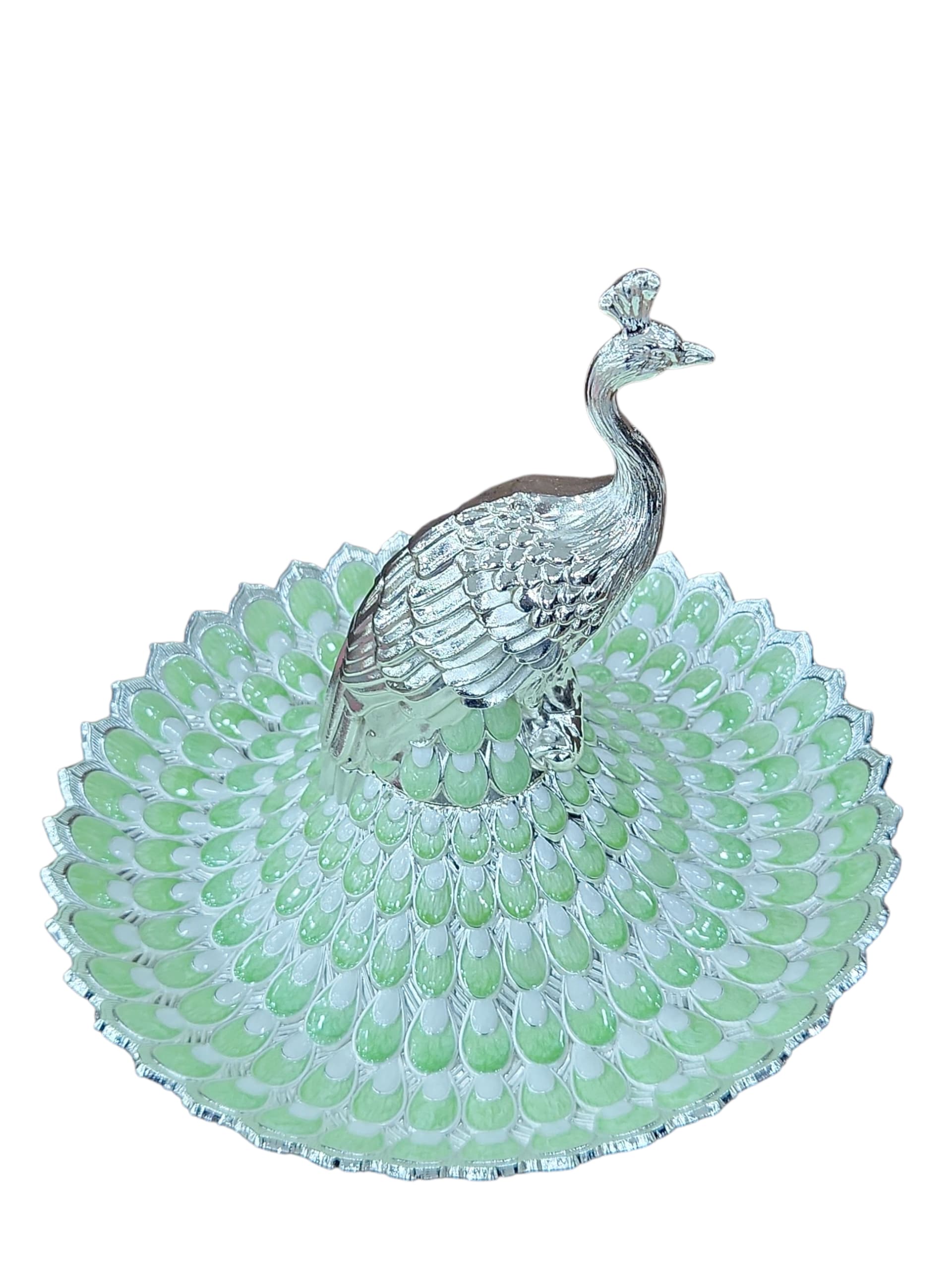 Elegant Peacock Platter with Green and Silver Feathers